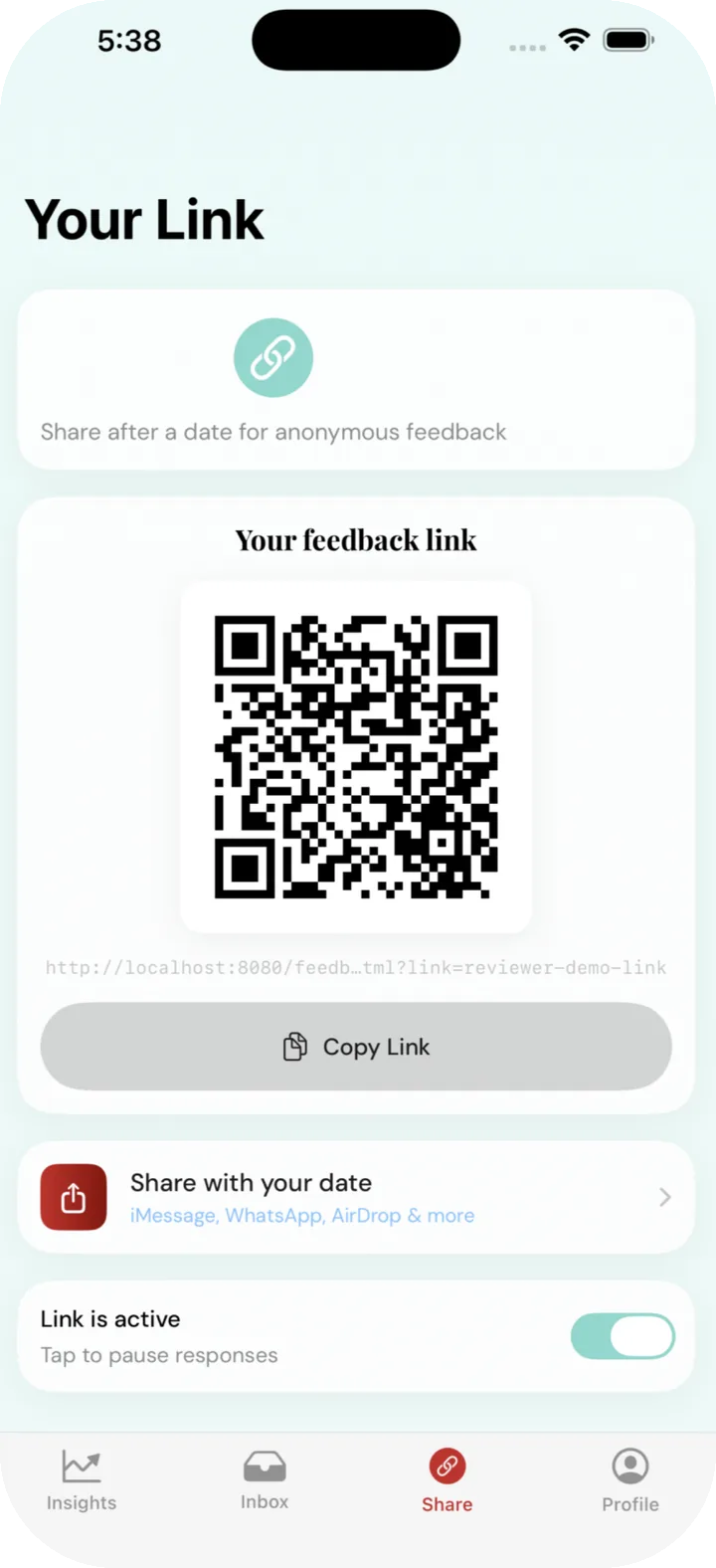 Your feedback link screen with QR code and share options